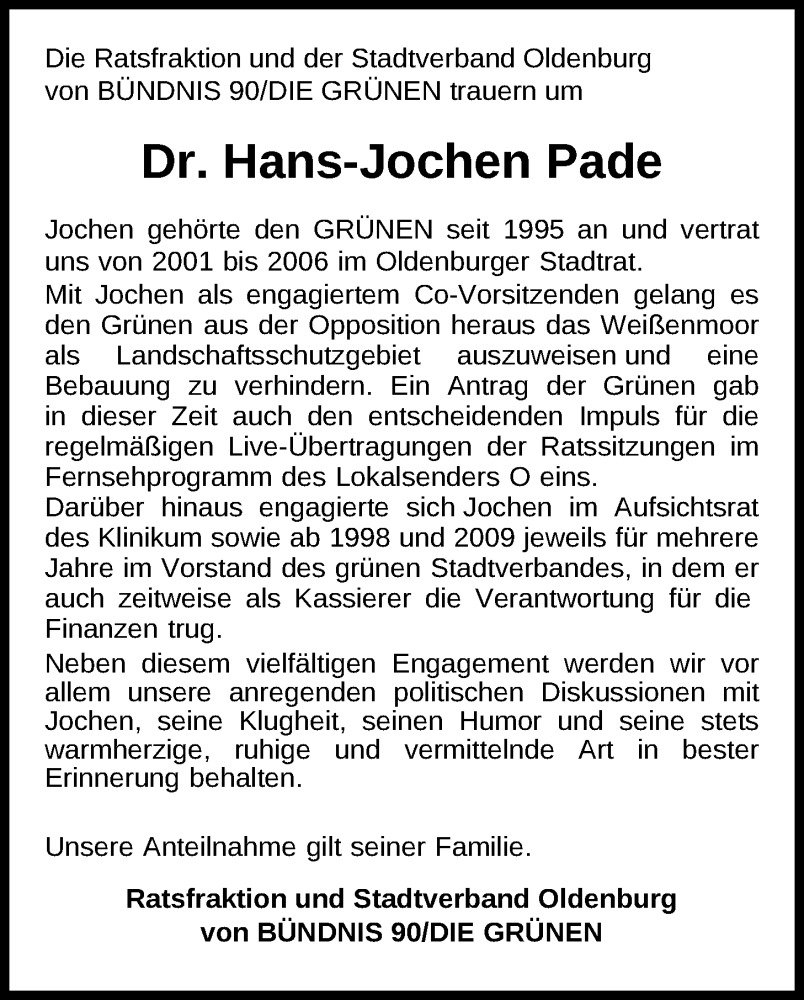 Traueranzeige Dr. Hans-Jochen Pade