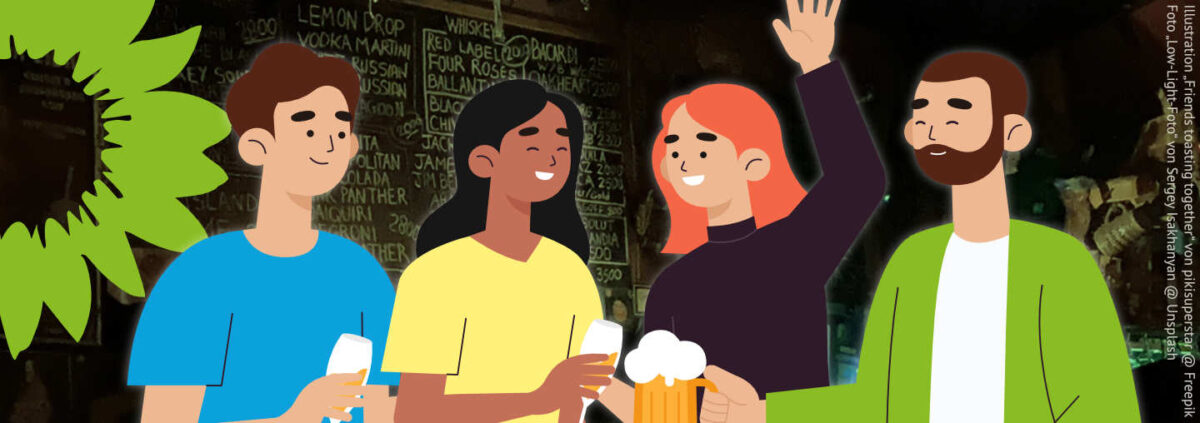 Grüner Treff (Illustration „Friends toasting together“ von pikisuperstar @ Freepik, Foto „Low-Light-Foto“ von Sergey Isakhanyan @ Unsplash)